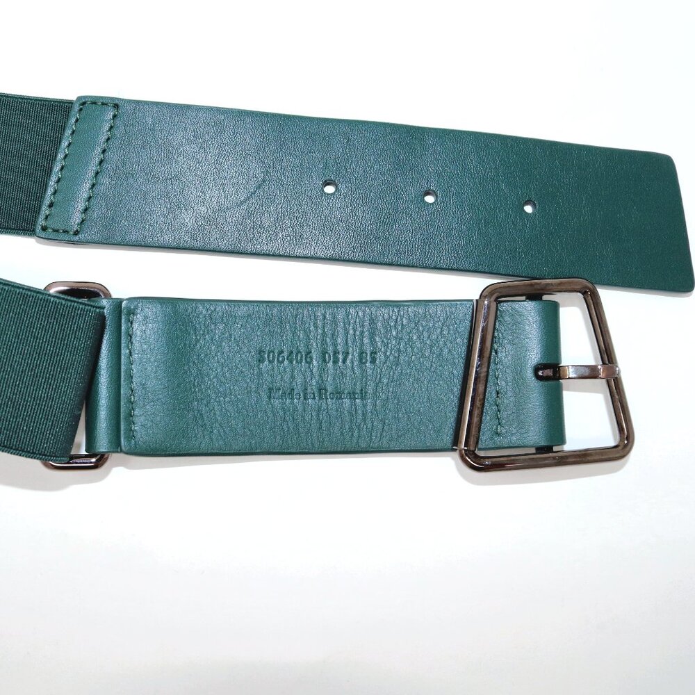 Akris Size 85 Green Leather and Elastic Belt with Trapezoid Buckle Sporty-Belt - Picture 6 of 15